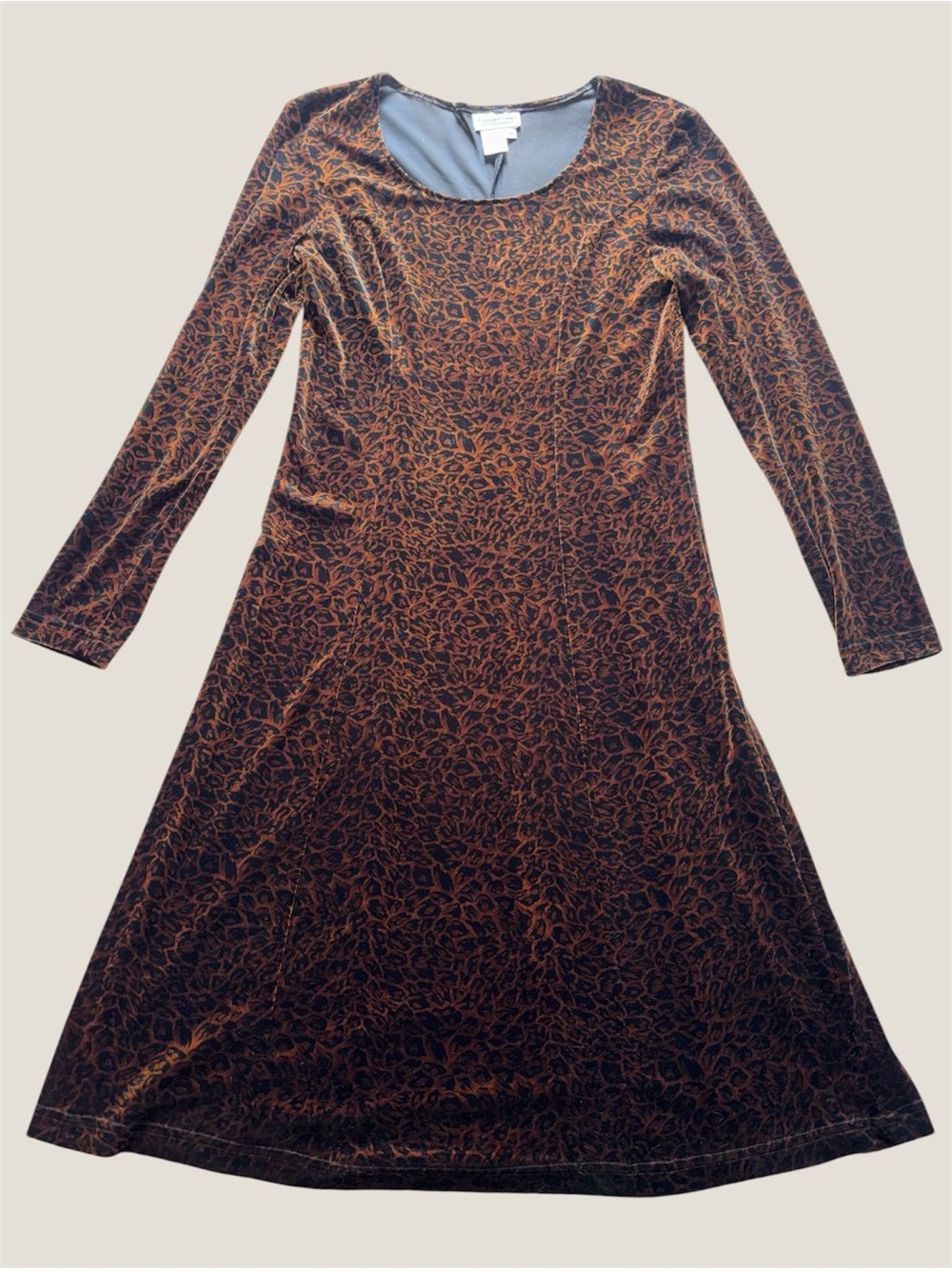 Coldwater Creek Brown Cheetah Leopard Print Velvet Long-Sleeve A-Line Dress